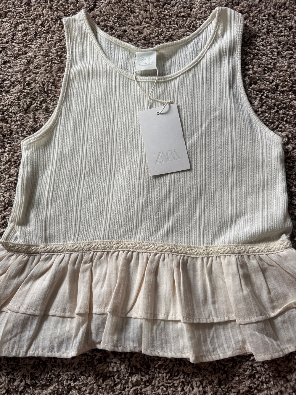 ZARA Cream Ribbed Tank Top with Ruffle Hem